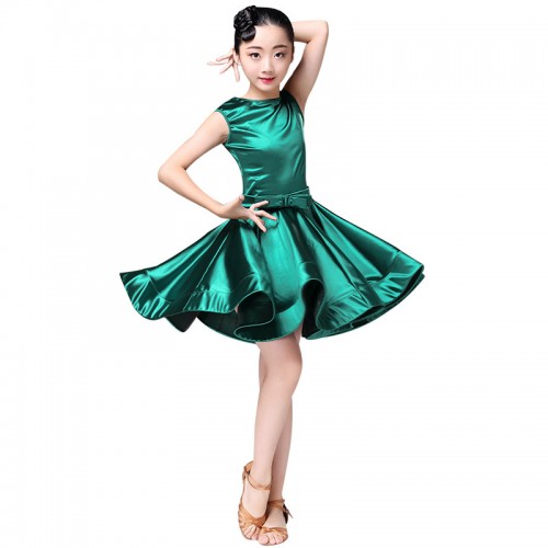 Gold Satin girls kids children ballroom dancing dresses kids children stage performance competition latin salsa chacha rumba dance dresses